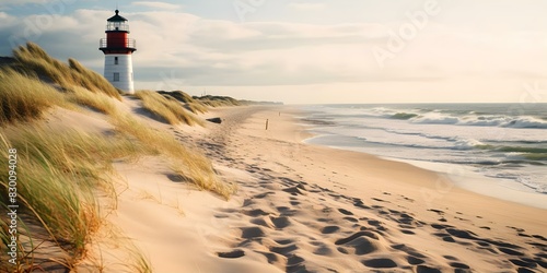 Fototapeta Naklejka Na Ścianę i Meble -  Picturesque Beach on Sylt Island, Germany: White Sand, Waves, and Lighthouse. Concept Beach, Sylt Island, Germany, White Sand, Waves, Lighthouse