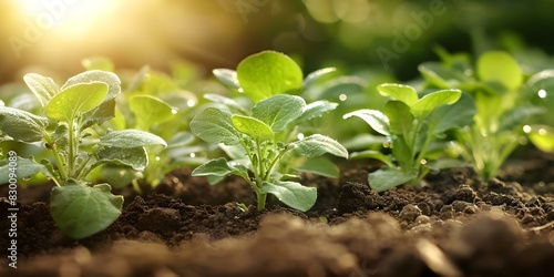 Emerging sprouts in fertile soil: A showcase of sustainable agriculture and efficient water consumption. Concept Sustainable Agriculture, Water Consumption, Fertile Soil, Emerging Sprouts