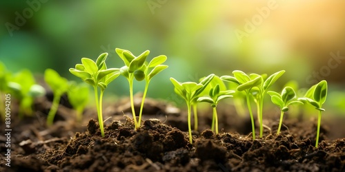 Emerging Sprouts in Fertile Soil: Highlighting Sustainable Agriculture and Efficient Water Use. Concept Sustainable Agriculture, Efficient Water Use, Emerging Sprouts, Fertile Soil