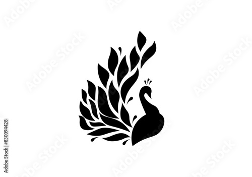 Vector illustration of a black silhouette of a peacock on a white background