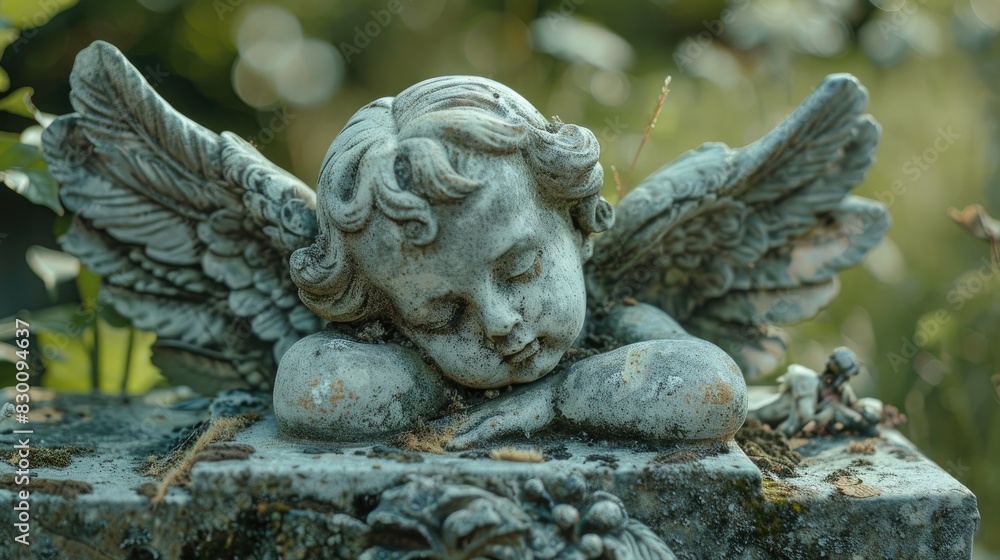 Damaged cherubic figure with wings rests on a tombstone Damaged cherubic figure with wings rests on a tombstone
