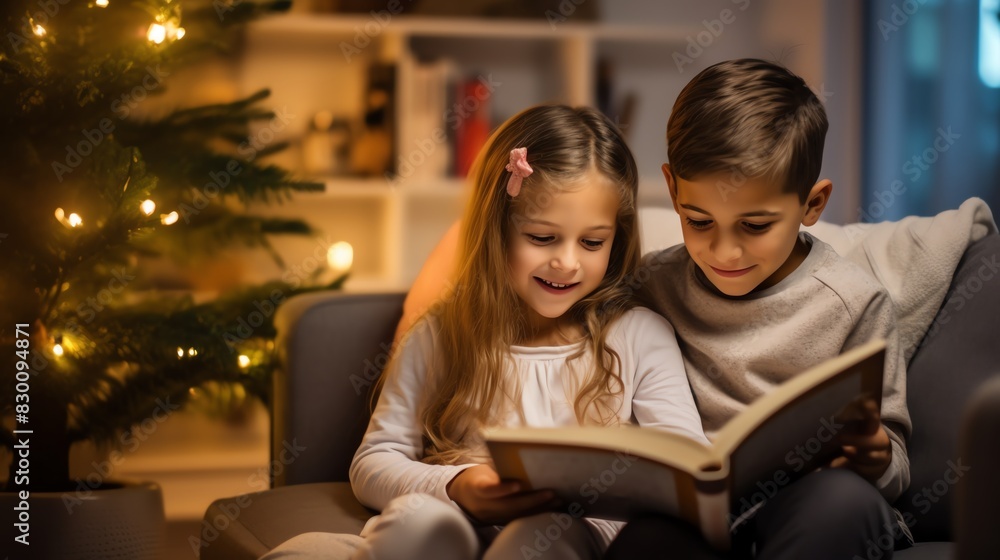 Two children reading a book near a Christmas tree, sharing a warm moment during the holiday season in a cozy living room. Two children reading a book near a Christmas tree, sharing a warm moment during the holiday season in a cozy living room.