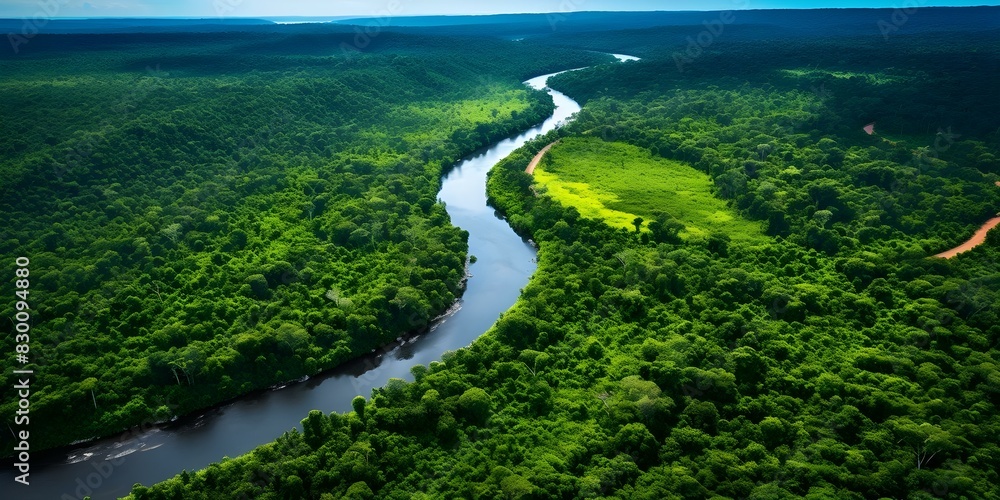Aerial Perspective Of The Amazon River Meandering Through Vibrant 