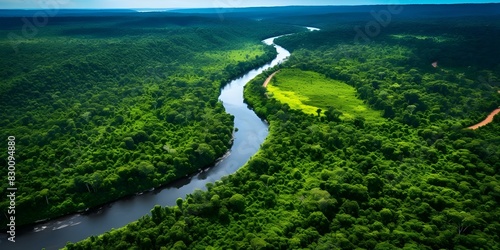 Aerial Perspective of the Amazon River meandering through vibrant rainforest. Concept Nature Photography, Tropical Landscapes, Aerial Views, Amazon Rainforest, River Scenery