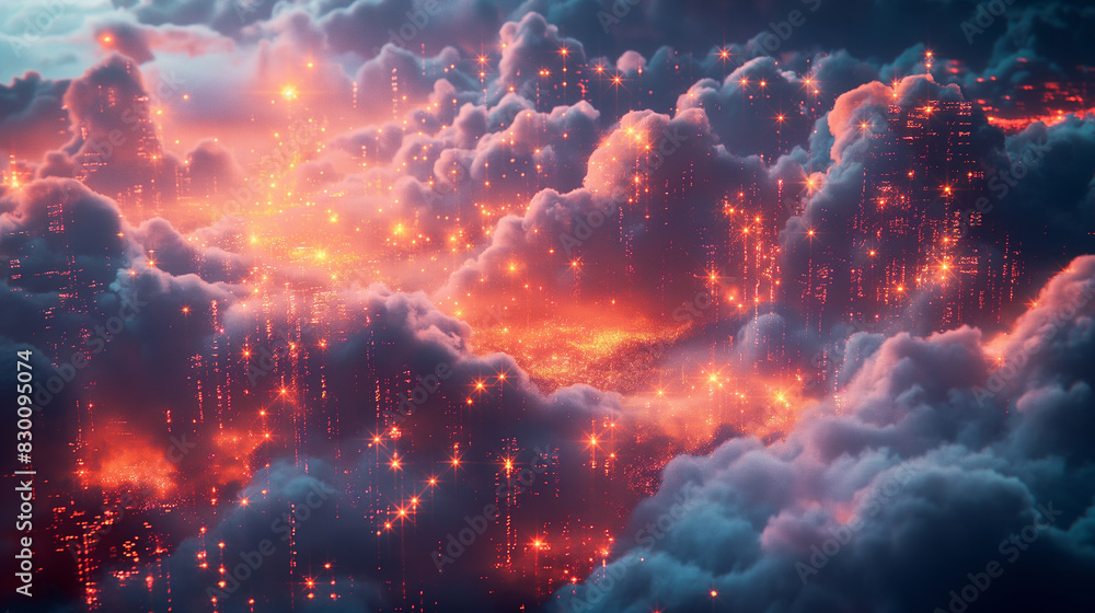 A computer generated image of a sky full of glowing clouds A computer generated image of a sky full of glowing clouds