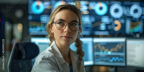 Woman working in cybersecurity in a modern office, monitoring network security on multiple screens using advanced software tools. Concept Cybersecurity, Modern Office, Network Monitoring