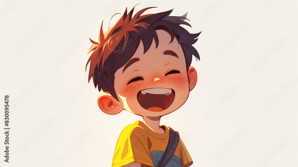 A charming little boy giggles gleefully in a portrait set against a clean white background resembling a delightful cartoon character A charming little boy giggles gleefully in a portrait set against a clean white background resembling a delightful cartoon character