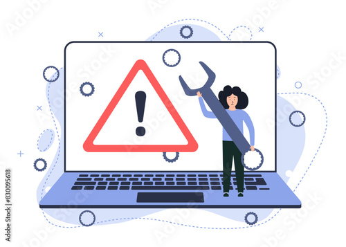 Illustration of a broken laptop. Error warning sign on the screen. Vector image of a broken or repaired computer