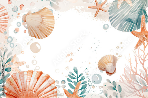 Sea shells, starfish, and marine elements frame on white background