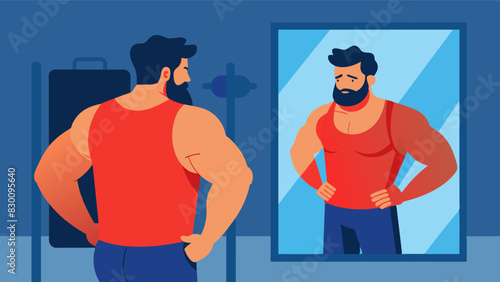 After an intense workout a man examines his body in the mirror feeling disappointed by his slow progress and inferior to those with more defined muscles.. Vector illustration