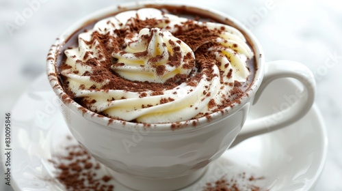 a modern white mug overflowing with rich hot chocolate, accentuated by a sumptuous swirl of whipped cream and a hint of cocoa, set against a backdrop of soothing, light tones.