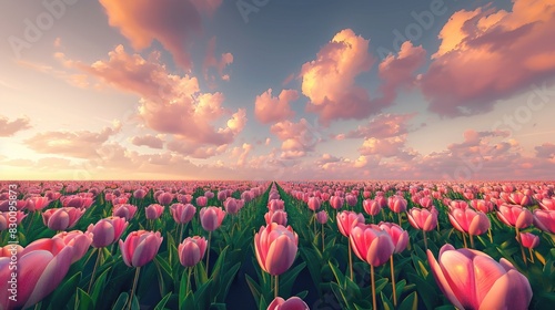 Tulip Field Beneath a Springtime Sky filled with Clouds photo