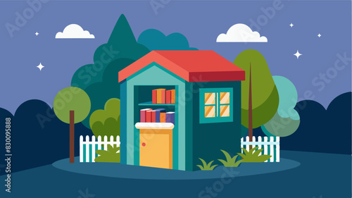 A cozy book exchange box in the shape of a miniature library sits at the end of a culdesac welcoming readers to check out a new book.. Vector illustration
