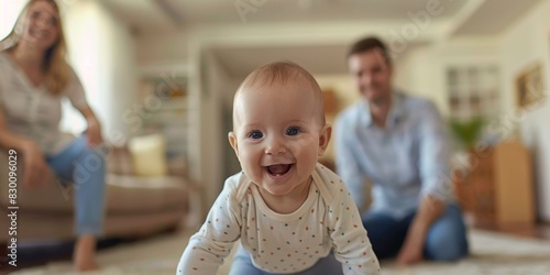 Cute happy baby crawling on the floor at home with his parents
