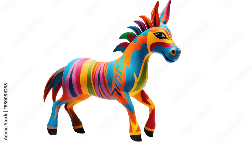 Colorful, vibrant toy zebra, intricately painted with bright, bold hues, illustrating a playful, artistic, and imaginative design in a white background. Colorful, vibrant toy zebra, intricately painted with bright, bold hues, illustrating a playful, artistic, and imaginative design in a white background.