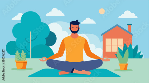 A man practicing yoga in his backyard paying more attention to his breathing and relaxation rather than achieving difficult poses.. Vector illustration