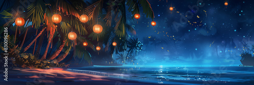 Illuminated tropical beach with lanterns and starry night sky banner. Panoramic web header. Wide screen wallpaper