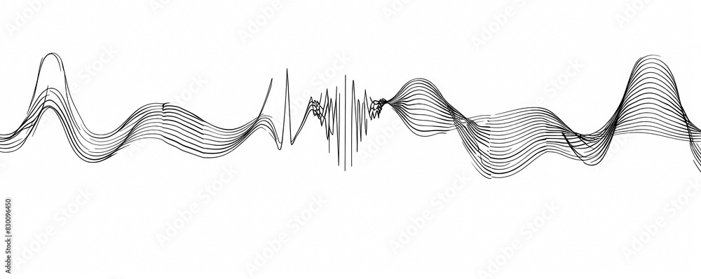 Minimalist white setting showcases delicate black sound waves, resonating harmony, rhythmic flow.