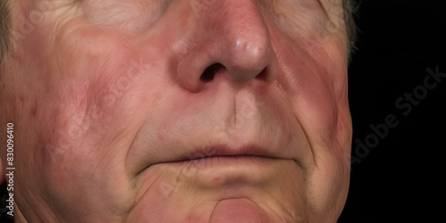 Severe Angioedema Reaction: Swelling in Face, Eyes, and Nose. Concept Angioedema Reaction, Facial Swelling, Eye Swelling, Nose Swelling, Severe Allergic Reaction