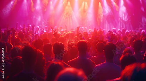 Energetic crowd at a live concert bathed in vibrant stage lights, enjoying the thrilling music performance. Generative Ai