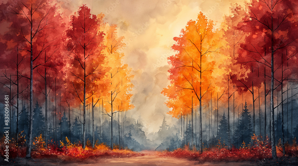 A painting of a forest with trees in autumn colors