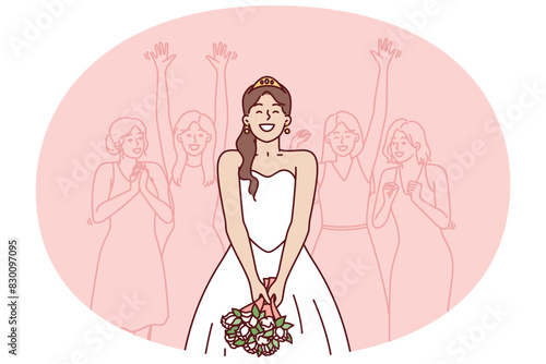Happy bride preparing to throw bouquet flowers performs traditional ritual for wedding party. Woman in wedding dress stands with back to female girlfriends who want to get married as soon as possible