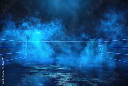 blue boxing ring on dark background with smoke