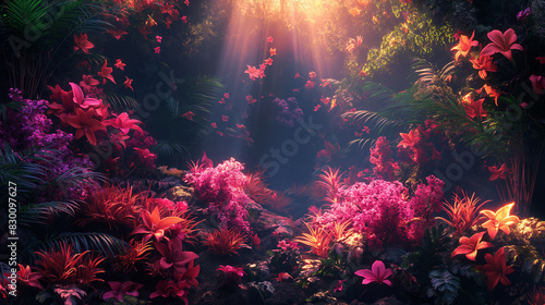 A lush, colorful forest with a bright sun shining through the trees
