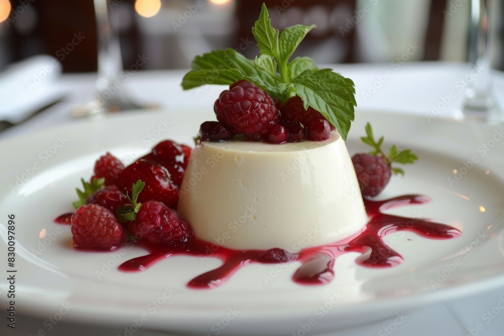 Panna Cotta with Raspberries and Raspberry Sauce with Mint Garnish