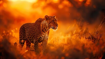 Crédence de cuisine Rouge Leopard Walking in Golden Sunset Grassland - ai generative  © jessica