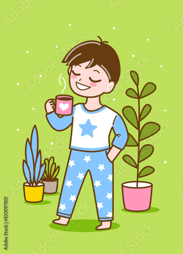 Cute cartoon young boy dressed in pajamas with cup of coffee - vector illustration for cozy design 2
