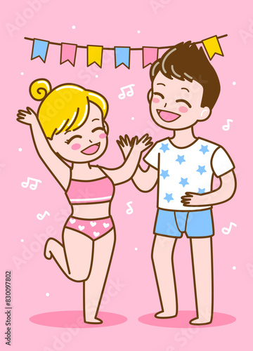 Cute cartoon young couple dressed in underwear dancing together - vector illustration for cozy design 2