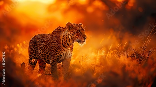 Leopard Walking in Golden Sunset Grassland - ai generative