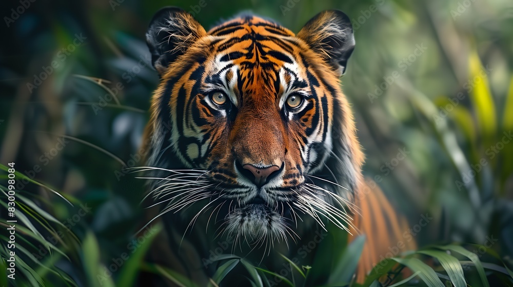 Intense Tiger Gaze in Dense Jungle Foliage - AI Generative Intense Tiger Gaze in Dense Jungle Foliage - AI Generative