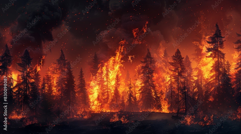 Intense forest fire engulfing trees in a dramatic blaze with dark smoke and embers in a catastrophic environmental disaster. Generative Ai