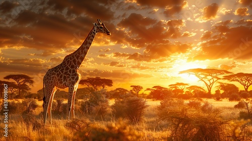 Giraffe at Sunrise in African Savanna - AI Generative