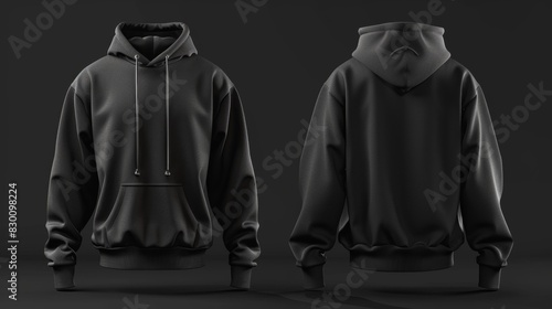 Front and back views of a plain black hoodie with a hood and drawstrings displayed on a dark background for fashion design showcase. mockup. Generative Ai photo