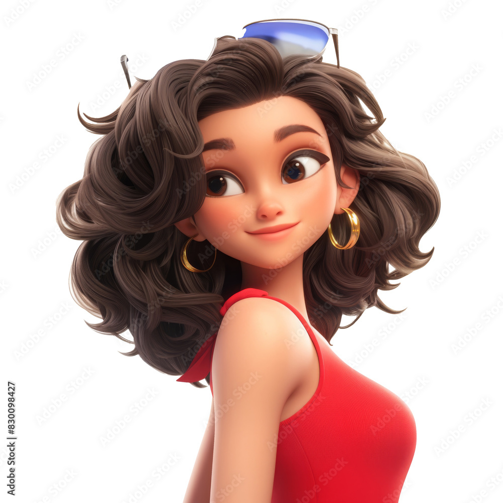 Stylish young woman with wavy brown hair, wearing a red tank top and sunglasses, exudes confidence and charm in her casual yet chic look. Stylish young woman with wavy brown hair, wearing a red tank top and sunglasses, exudes confidence and charm in her casual yet chic look.