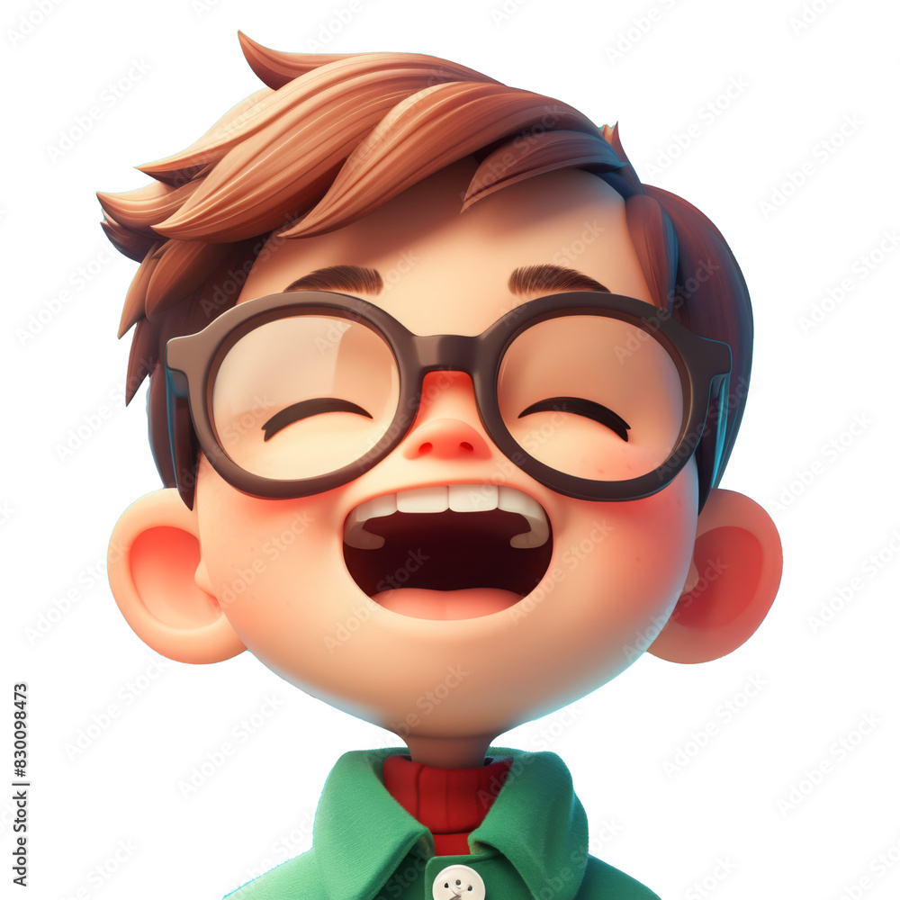 A cheerful cartoon boy with glasses and open mouth laughs joyfully against a bright blue background. A cheerful cartoon boy with glasses and open mouth laughs joyfully against a bright blue background.