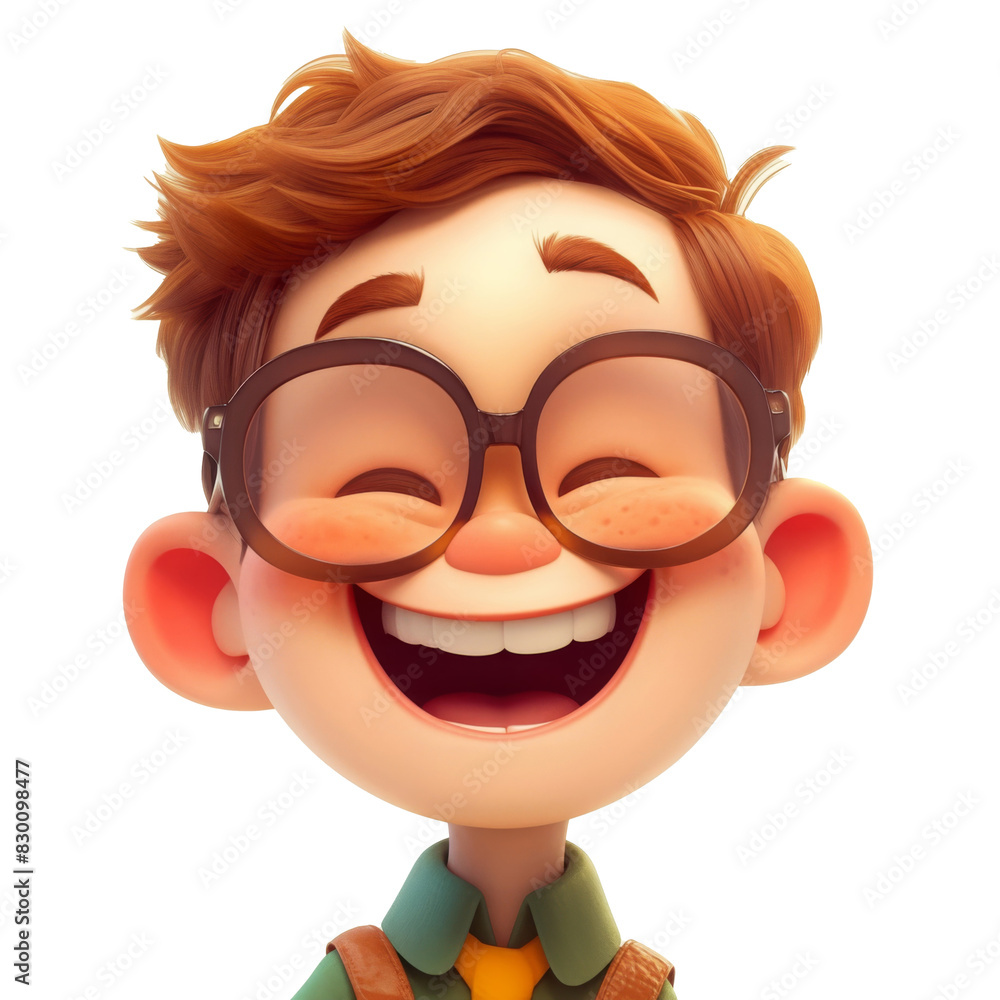A cheerful cartoon boy with brown hair and large glasses, smiling widely with a vibrant, joyful expression. Background is a soft, light color. A cheerful cartoon boy with brown hair and large glasses, smiling widely with a vibrant, joyful expression. Background is a soft, light color.