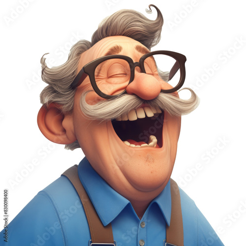 Joyful elderly man with glasses and mustache, laughing heartily in a studio shot, capturing a moment of pure happiness and delight.