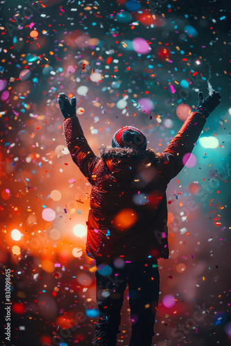 Scene of a player celebrating a high score, jumping in the air with confetti and light effects enhancing the excitement,