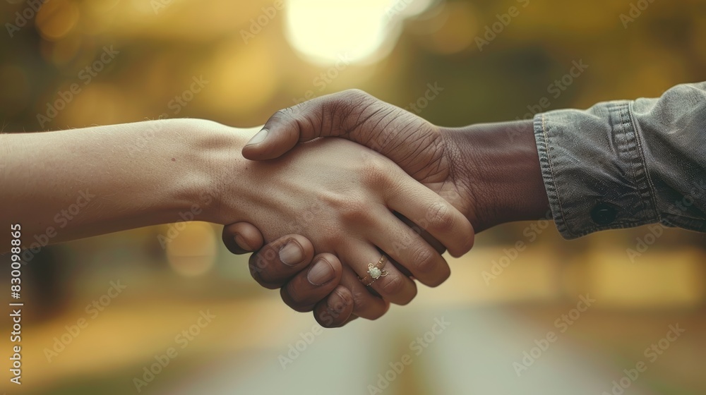 Handshake between two people of different ethnic backgrounds symbolizing unity, diversity, and mutual respect in a harmonious society. Generative Ai Handshake between two people of different ethnic backgrounds symbolizing unity, diversity, and mutual respect in a harmonious society. Generative Ai