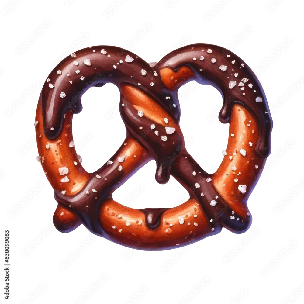 A photo of a pretzel with chocolate frosting and sea salt on a transparent background. A photo of a pretzel with chocolate frosting and sea salt on a transparent background.