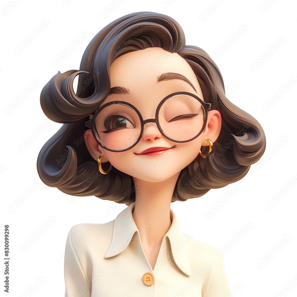 Animated female character with glasses and curly hair winking playfully, wearing white blouse and gold hoop earrings, conveying a cheerful and confident vibe. Animated female character with glasses and curly hair winking playfully, wearing white blouse and gold hoop earrings, conveying a cheerful and confident vibe.