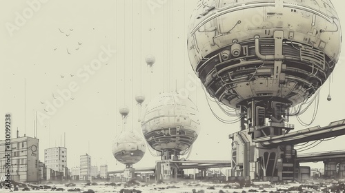 edifici sferici fantascientifici distopici accanto ad un centro abitato, molte antenne e cavi, illustrazione a matita digitale photo