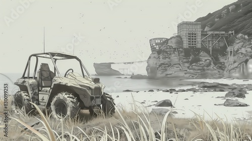 ATV fermo sulla riva del mare con tracce urbane sullo sfondo e erba sulla spiaggia, illustrazione a matita digitale photo