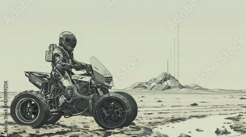 persona che guida un ATV quad futuristico vicino a un ruscello con un edificio e delle antenne sullo sfondo, illustrazione a matita digitale photo