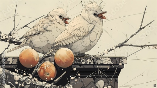 due uccelli che cantano su una colonna tra i rami di un pesco, illustrazione a matita digitale photo