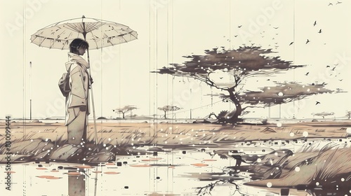 ragazza giapponese con ombrello malinconica sulla riva di un ruscello, alberi all'orizzonte, illustrazione a matita digitale photo